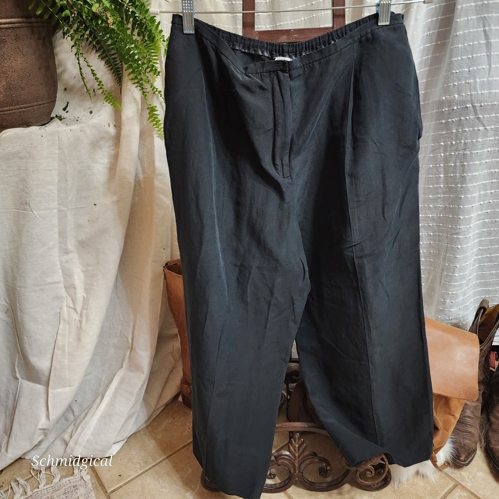 Josephine Chaus Studio Silk Linen Blend Trousers Black Straight Leg Pants Sz 16